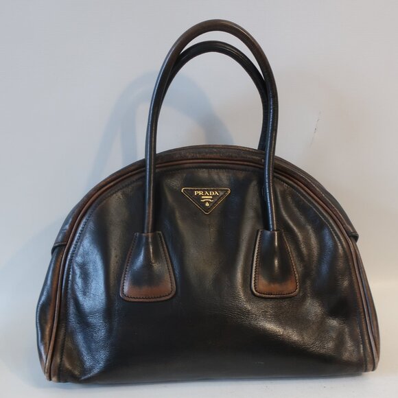 AUTHENTIC Prada Vitello Bowler Black Brown Serial No. 25 Leather Satchel Handbag - Picture 2 of 16